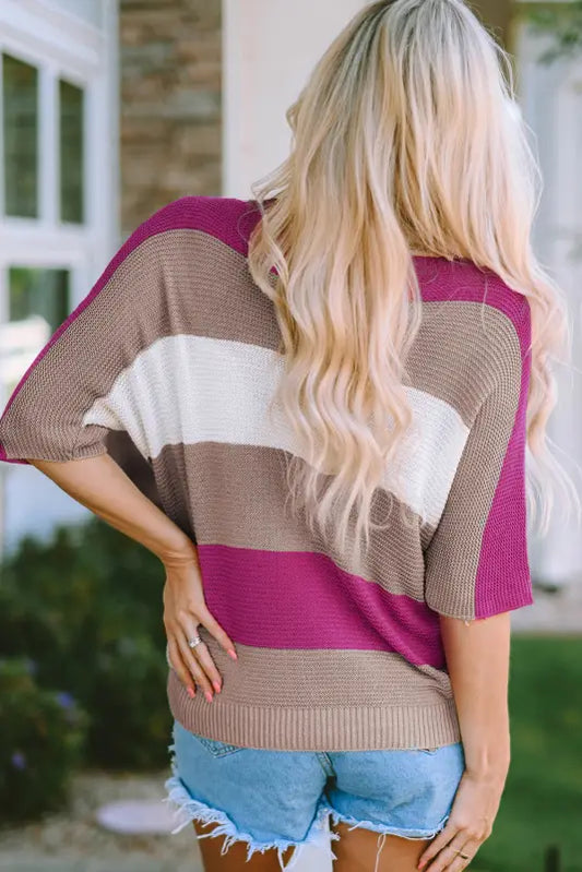 Rose contrast stripe knit half sleeve sweater - t-shirts