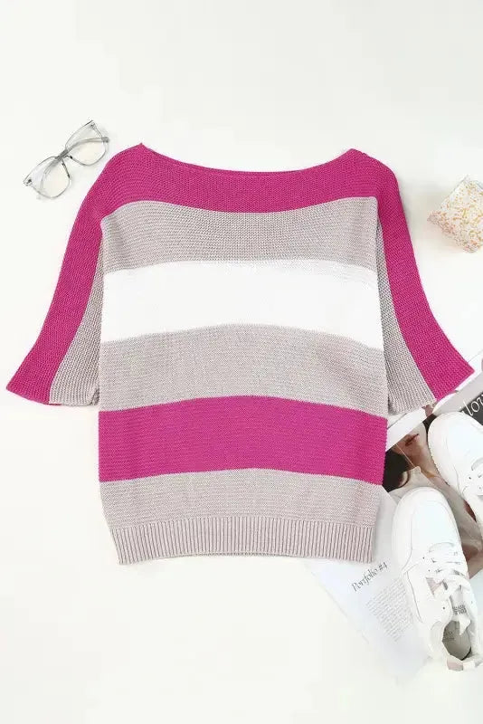 Rose Contrast Stripe Knit Half Sleeve Sweater - Fashionfitz