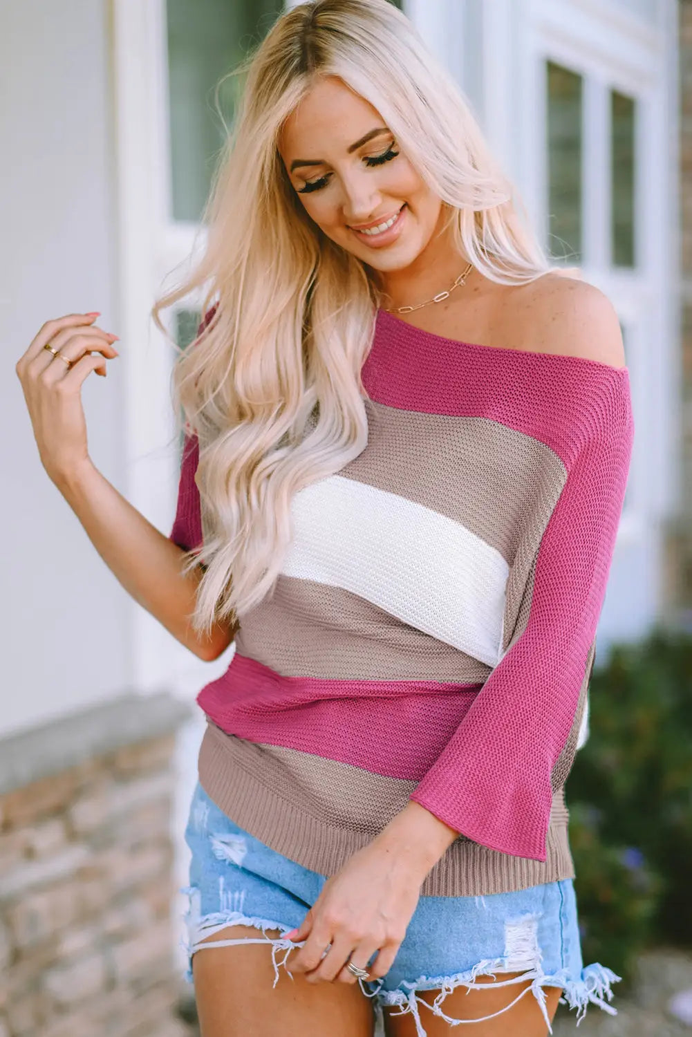 Rose contrast stripe knit half sleeve sweater - s /