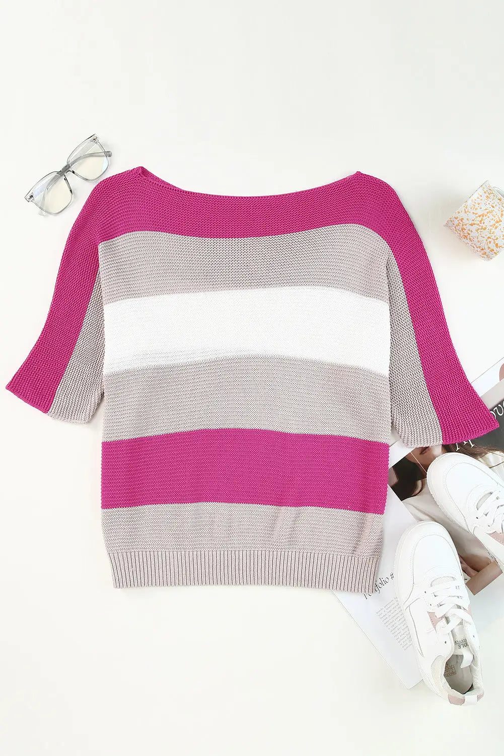Rose contrast stripe knit half sleeve sweater - t-shirts