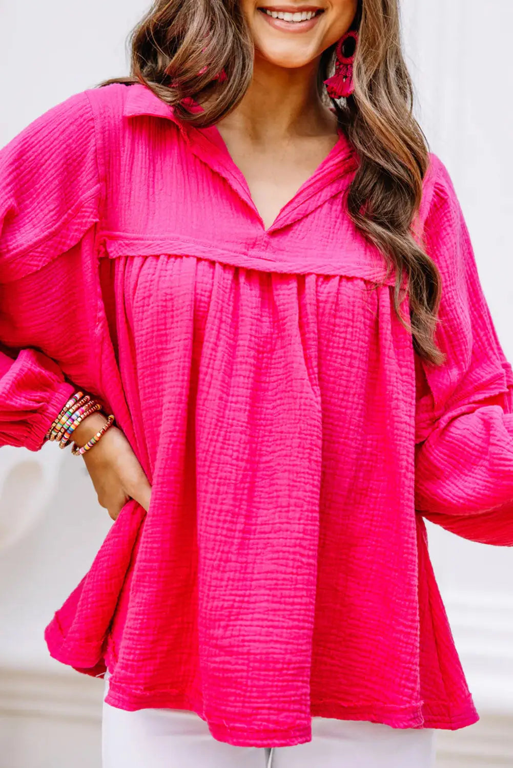 Rose crinkle collared v-neck bubble sleeve flowy blouse - s / 100% cotton - tops