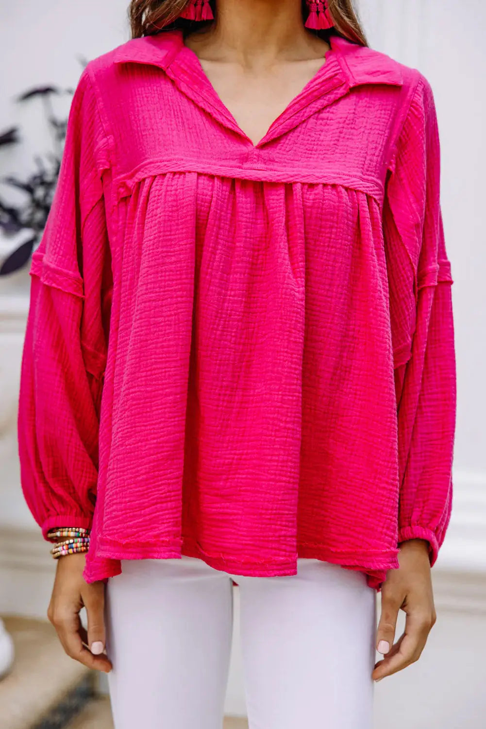 Rose crinkle collared v-neck bubble sleeve flowy blouse - tops