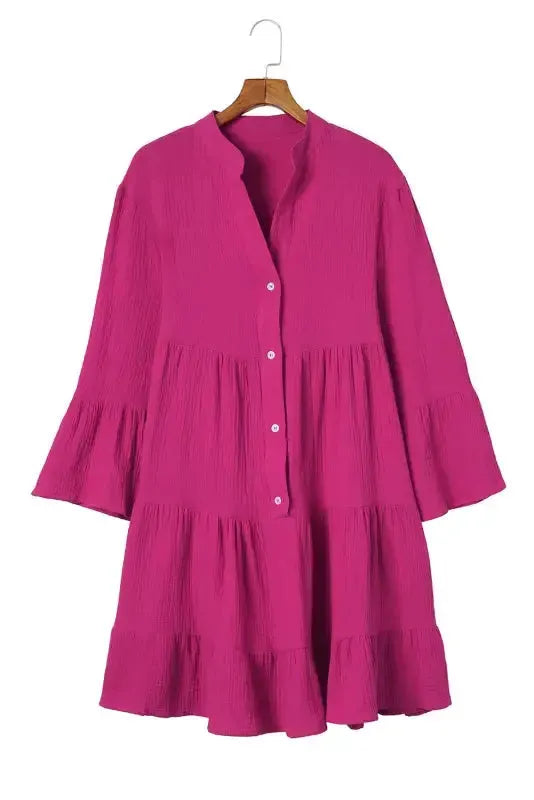 Rose Crinkled Tiered Shirt Dress - Fashionfitz
