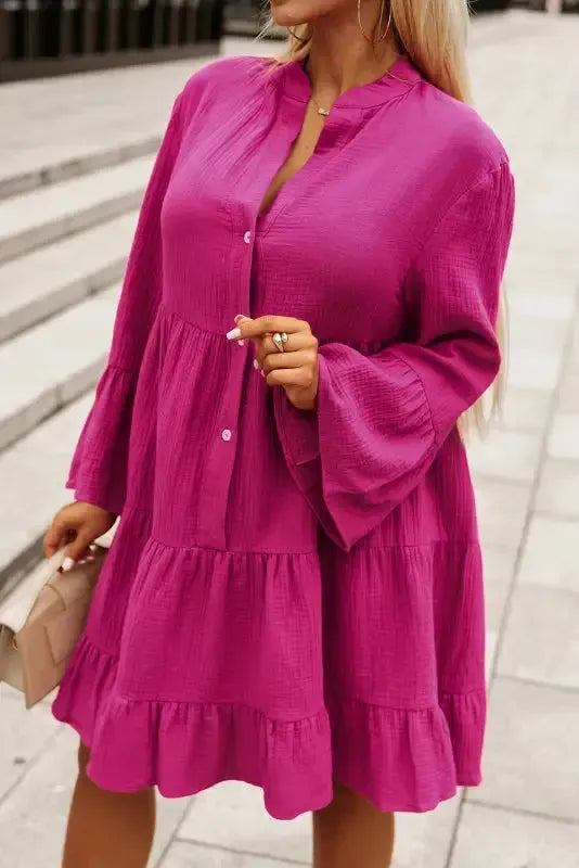 Rose Crinkled Tiered Shirt Dress - Fashionfitz