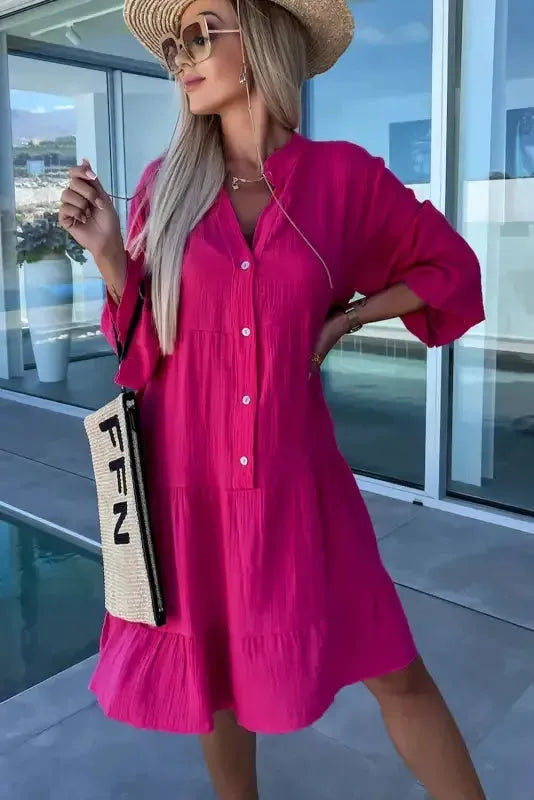 Rose Crinkled Tiered Shirt Dress - Fashionfitz