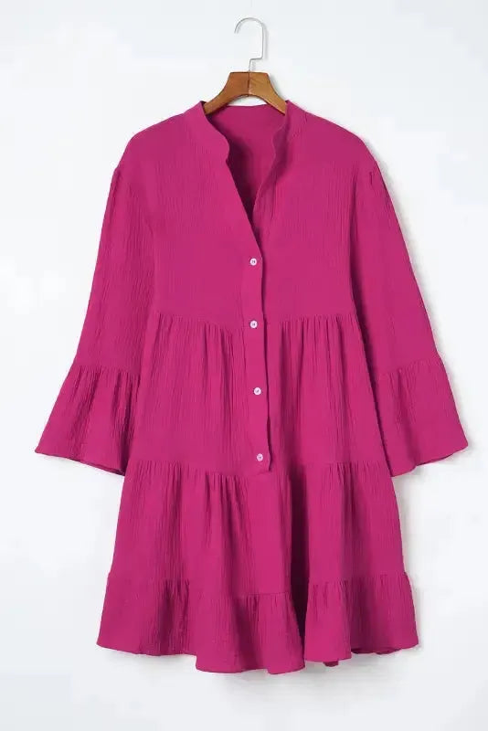 Rose Crinkled Tiered Shirt Dress - Fashionfitz