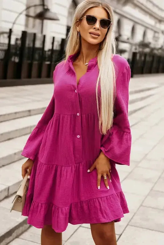 Rose Crinkled Tiered Shirt Dress - Fashionfitz