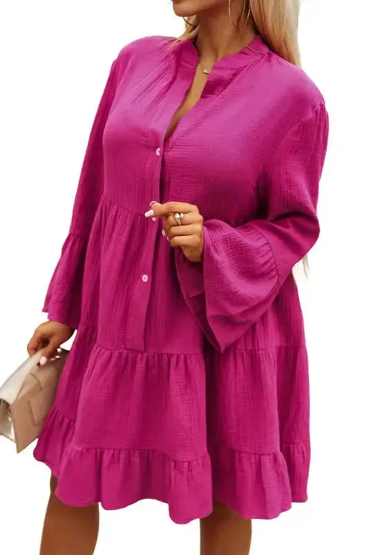 Rose Crinkled Tiered Shirt Dress - Fashionfitz