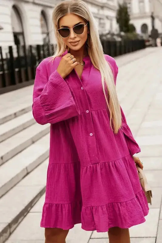 Rose Crinkled Tiered Shirt Dress - Fashionfitz