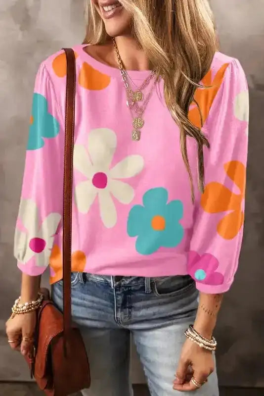 Rose Cute Flower Print Bracelet Sleeve Top - Fashionfitz