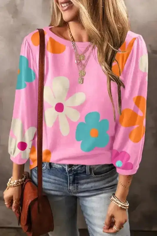 Rose Cute Flower Print Bracelet Sleeve Top - Fashionfitz