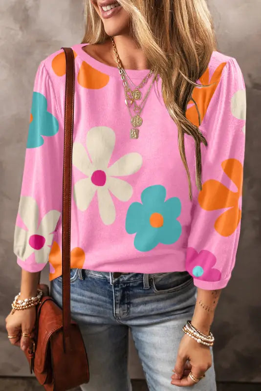 Rose cute flower print bracelet sleeve top - s / 95% polyester + 5% elastane - tops & tees