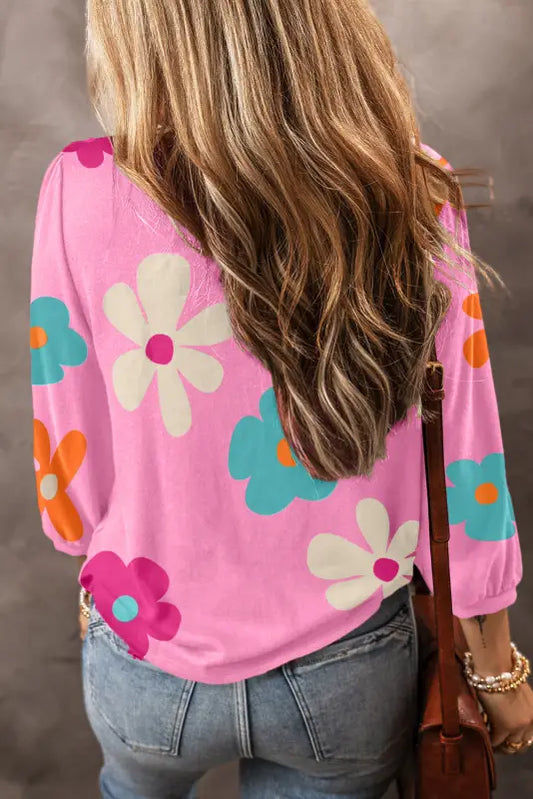 Rose cute flower print bracelet sleeve top - tops & tees