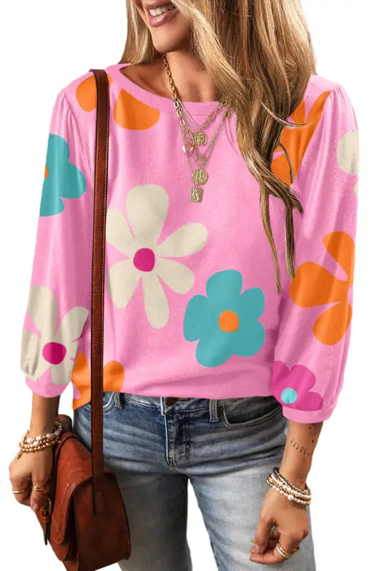 Rose cute flower print bracelet sleeve top - tops & tees