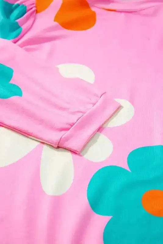 Close-up of Floral Print Bracelet Sleeve Round Neck Top showing rose floral print and bracelet cuff detail — Fashionfitz