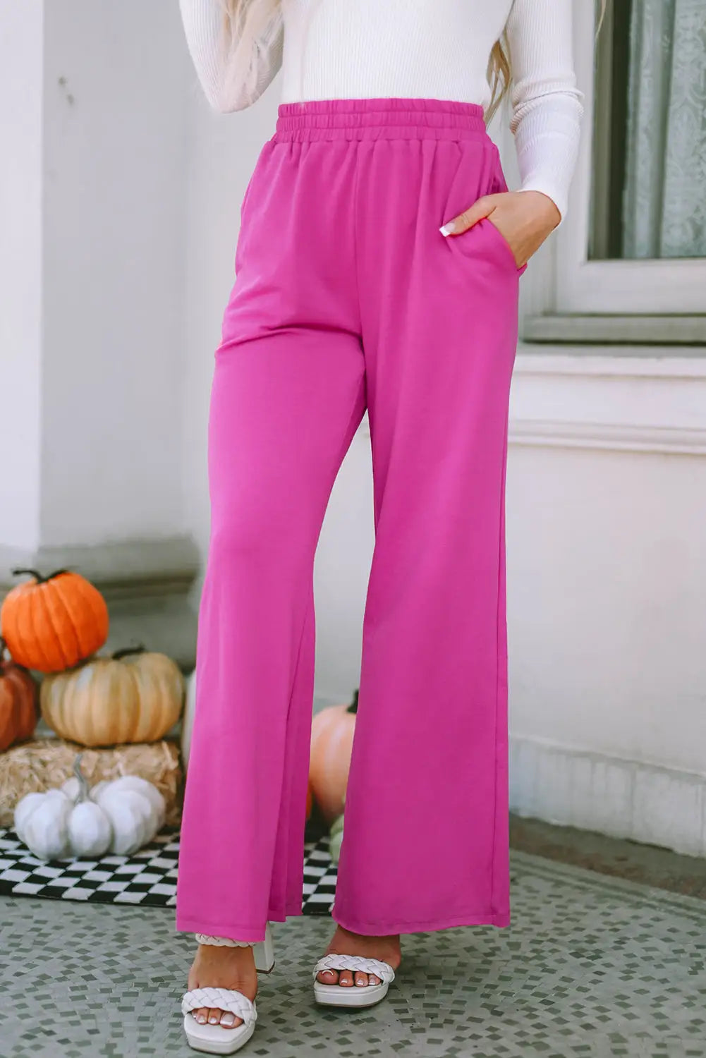 Rose elastic waist pocketed wide leg pants - s / 65% polyester + 30% cotton + 5% elastane