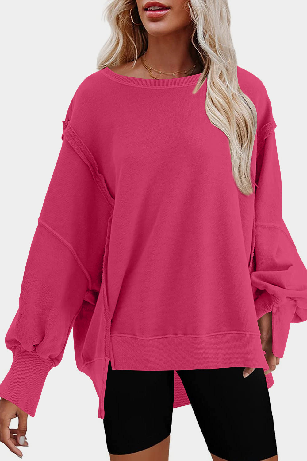 Rose exposed seam drop shoulder slit high low hem sweatshirt - 2xl / 80% cotton + 20% polyester - sweatshits & hoodies