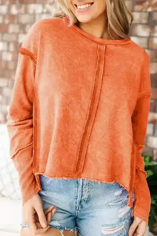 Rose Exposed Seamed High Low Raw Edge Sweatshirt - Fashionfitz