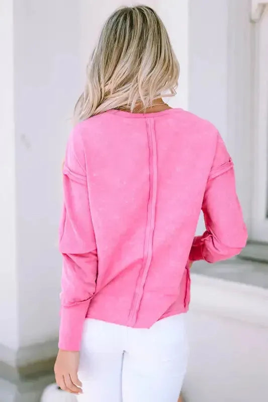 Rose Exposed Seamed High Low Raw Edge Sweatshirt - Fashionfitz