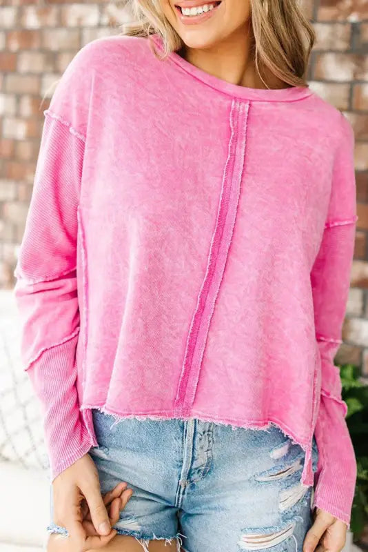 Rose exposed seamed high low raw edge sweatshirt - tops