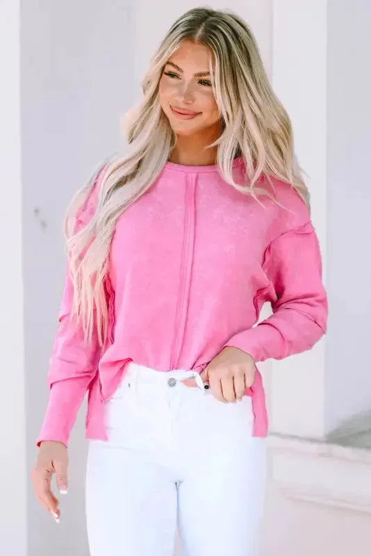 Rose Exposed Seamed High Low Raw Edge Sweatshirt - Fashionfitz