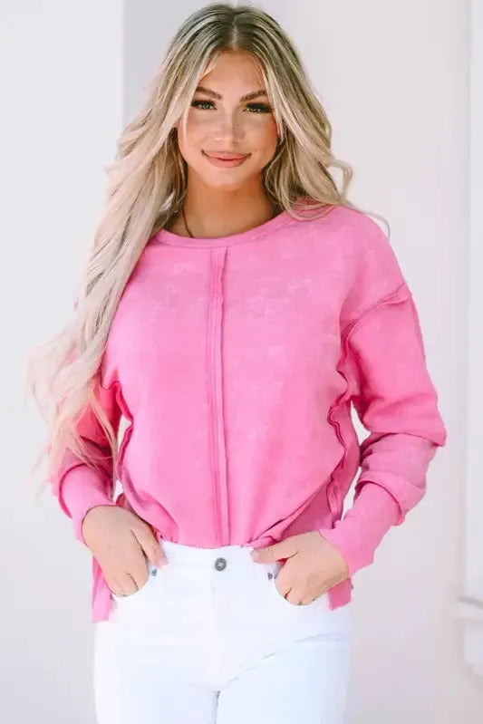 Rose Exposed Seamed High Low Raw Edge Sweatshirt - Fashionfitz