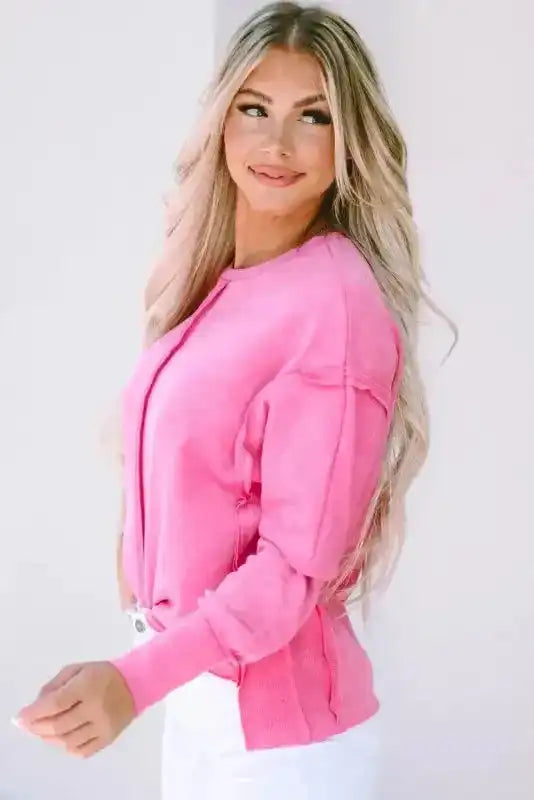 Rose Exposed Seamed High Low Raw Edge Sweatshirt - Fashionfitz