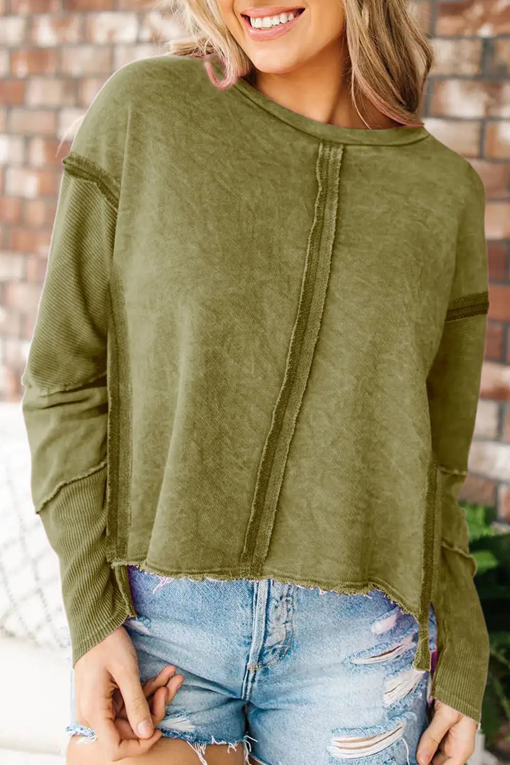 Rose exposed seamed high low raw edge sweatshirt - green / s / 75% polyester + 25% cotton - tops