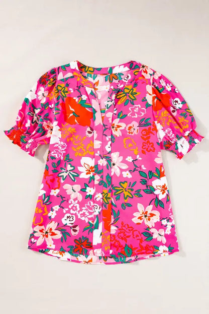 Rose floral blouse - split v-neck puff sleeve - s / 100% polyester - blouses