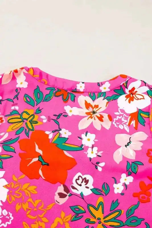 Rose Floral Blouse - Split V-Neck Puff Sleeve - Fashionfitz