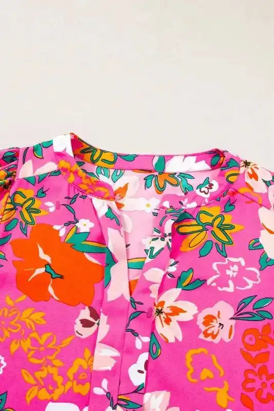 Rose Floral Blouse - Split V-Neck Puff Sleeve - Fashionfitz