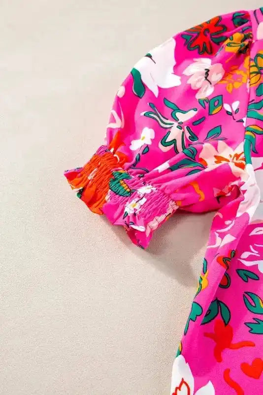 Rose Floral Blouse - Split V-Neck Puff Sleeve - Fashionfitz