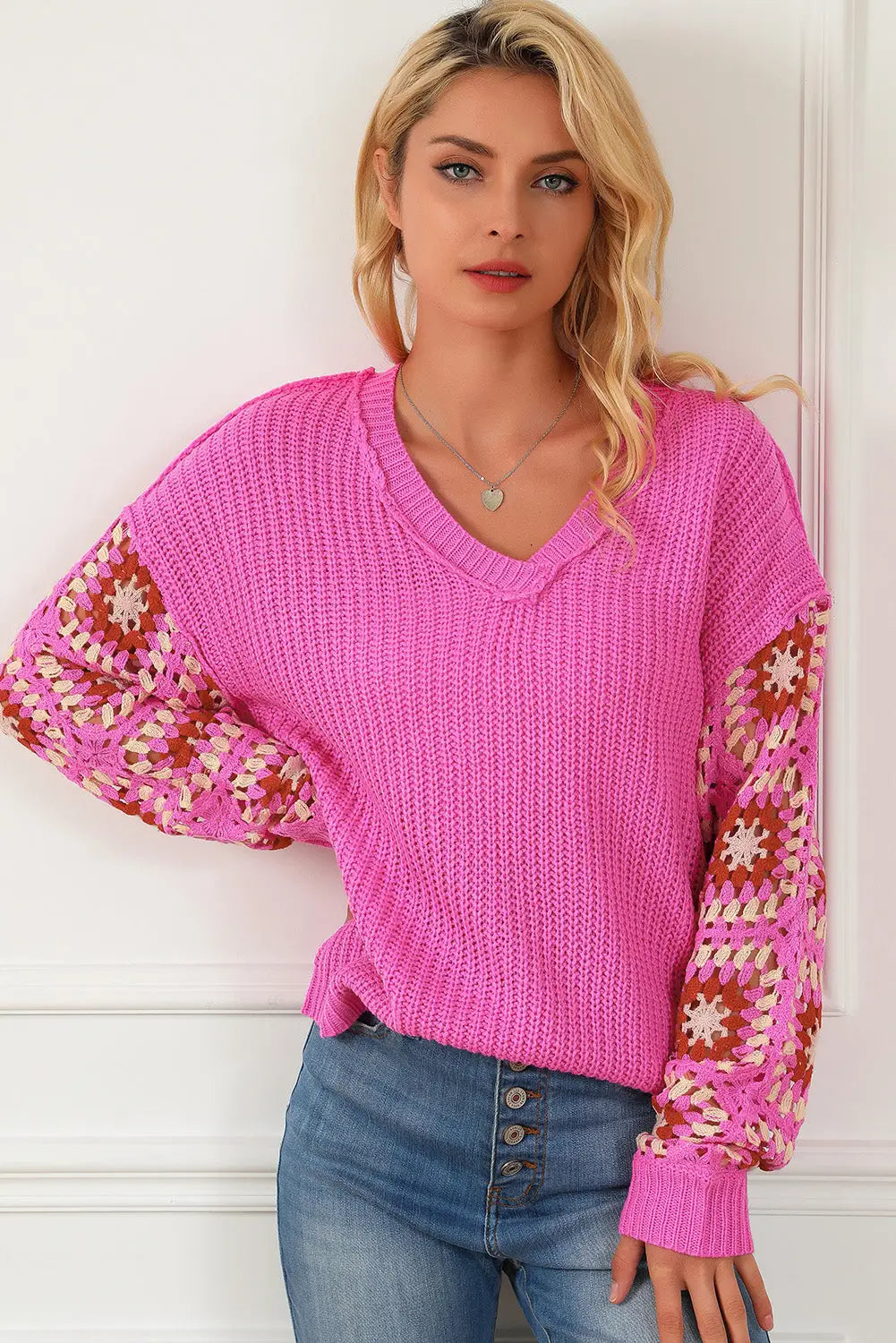 Rose floral crochet cable knit v neck sweater - sweaters & cardigans