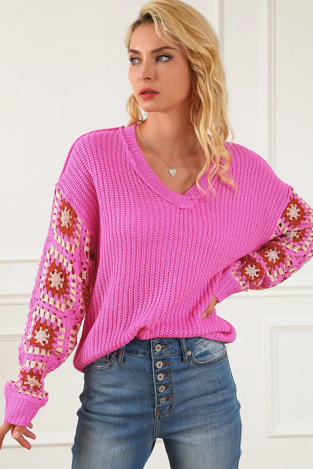Rose floral crochet cable knit v neck sweater - sweaters & cardigans