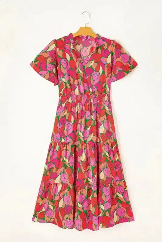 Rose Floral Maxi Dress - Short Sleeve Smocked Waist - Fashionfitz