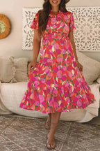 Rose Floral Maxi Dress - Short Sleeve Smocked Waist - Fashionfitz