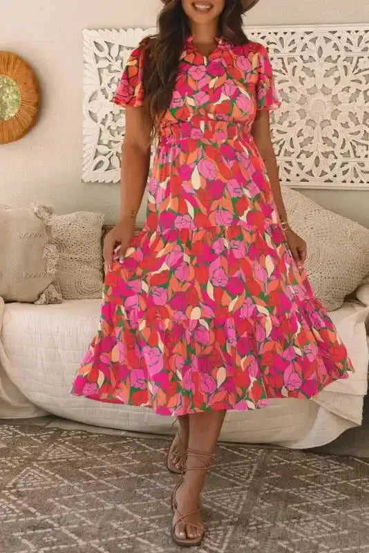 Rose Floral Maxi Dress - Short Sleeve Smocked Waist - Fashionfitz