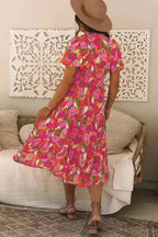 Rose Floral Maxi Dress - Short Sleeve Smocked Waist - Fashionfitz