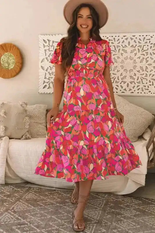 Rose Floral Maxi Dress - Short Sleeve Smocked Waist - Fashionfitz