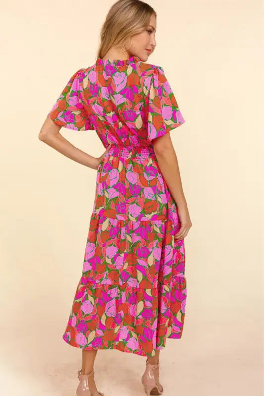 Rose floral maxi dress - short sleeve smocked waist