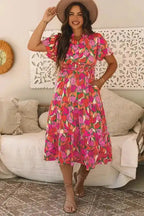 Rose Floral Maxi Dress - Short Sleeve Smocked Waist - Fashionfitz