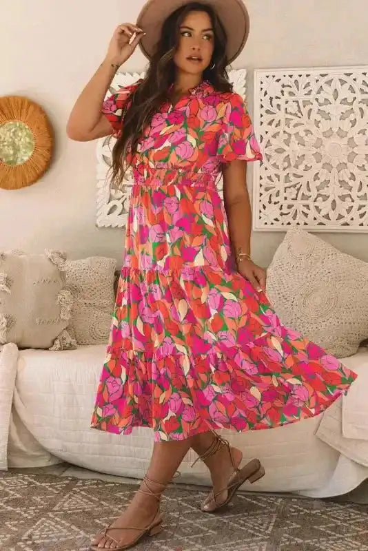 Rose Floral Maxi Dress - Short Sleeve Smocked Waist - Fashionfitz
