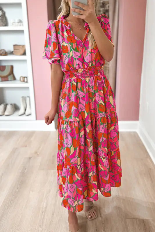 Rose floral maxi dress - short sleeve smocked waist