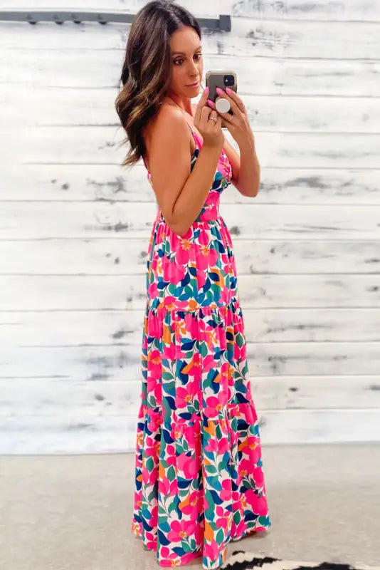 Rose floral maxi dress - twisted smocked back tiered - dresses/maxi dresses