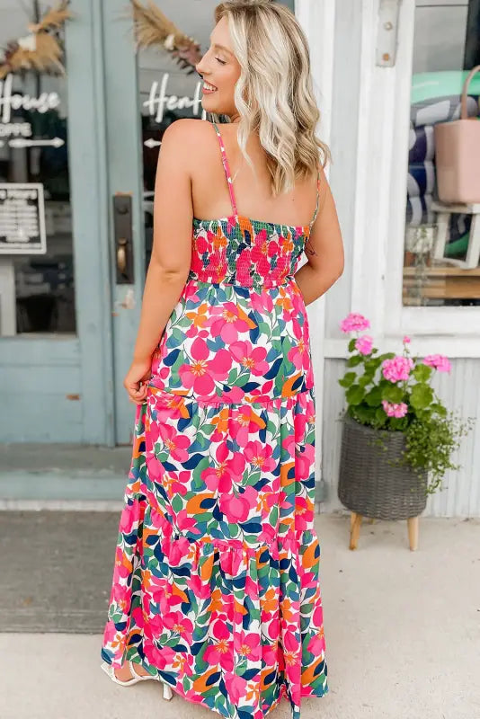 Rose floral maxi dress - twisted smocked back tiered - dresses/maxi dresses