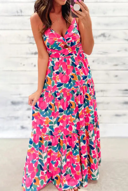 Rose floral maxi dress - twisted smocked back tiered - s / 100% polyester - dresses/maxi dresses