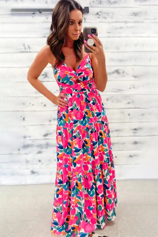 Rose floral maxi dress - twisted smocked back tiered - dresses/maxi dresses