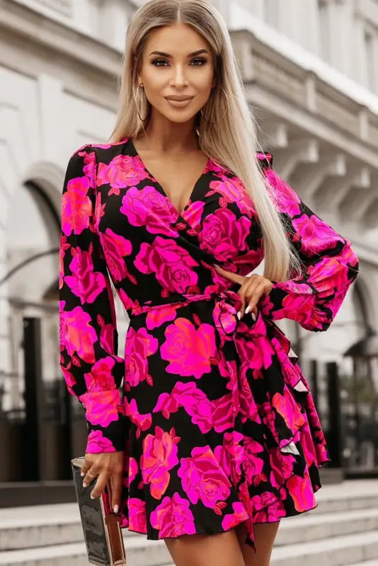 Rose floral mini dress - v neck wrap bishop sleeve - s / 100% viscose - dresses