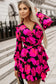 Rose floral mini dress - v neck wrap bishop sleeve - dresses