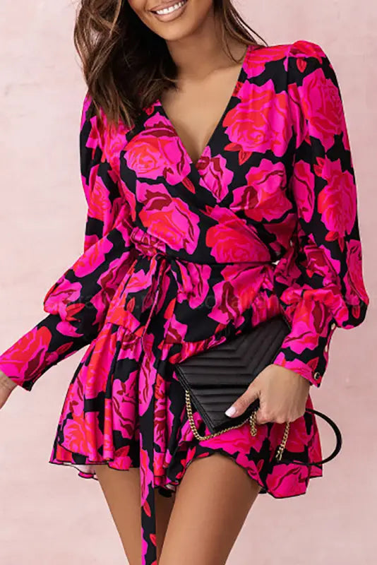 Rose floral mini dress - v neck wrap bishop sleeve - dresses